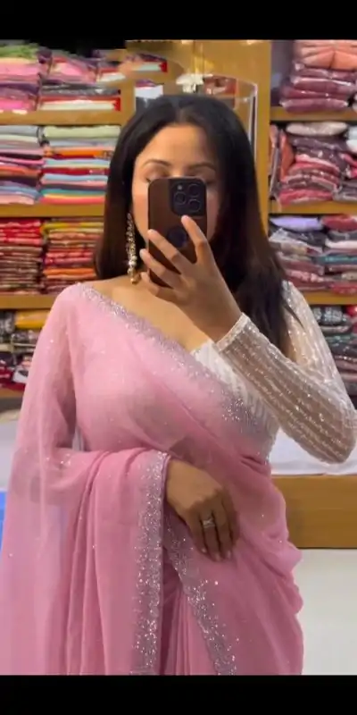 SC 218 Light Pink Color Georgette Hot Fix Stone Work Saree Casual, Wedding, Festive, Events . Expected Delivery  4-6 Working Days @1449/- only                                                                                                                                             | Embroidered Sarees, Bollywood Sarees, Creative Sarees, Designer Sarees, Ethnic Saree, Modern Digital sarees, Party Wear Sarees, Sarees