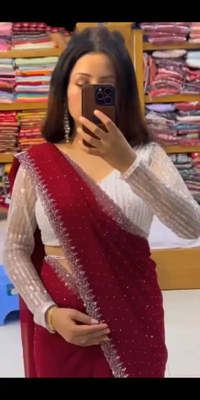 SC 218 Red Color Georgette Hot Fix Stone Work Saree Casual, Wedding, Festive, Events . Expected Delivery  4-6 Working Days @1449/- only                                                                                                                                             | Embroidered Sarees, Bollywood Sarees, Creative Sarees, Designer Sarees, Ethnic Saree, Modern Digital sarees, Party Wear Sarees, Sarees