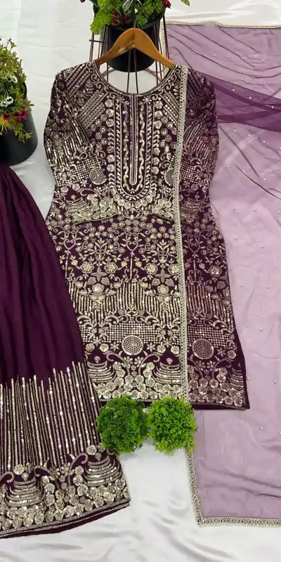 ZSR 3103 Wine Chinnon Silk 5mm Embroidery Sequence With Moti Work Salwar Suit Casual, Wedding, Party, Festive, Events Etc.4-6 Working Days@ 2099/-only | Casual Suits, Jump Suits, Creative suits, Designer Suits, Palazzo Suits, Party Wear Suits, Patiala Suits, Salwar suit, Straight Suits