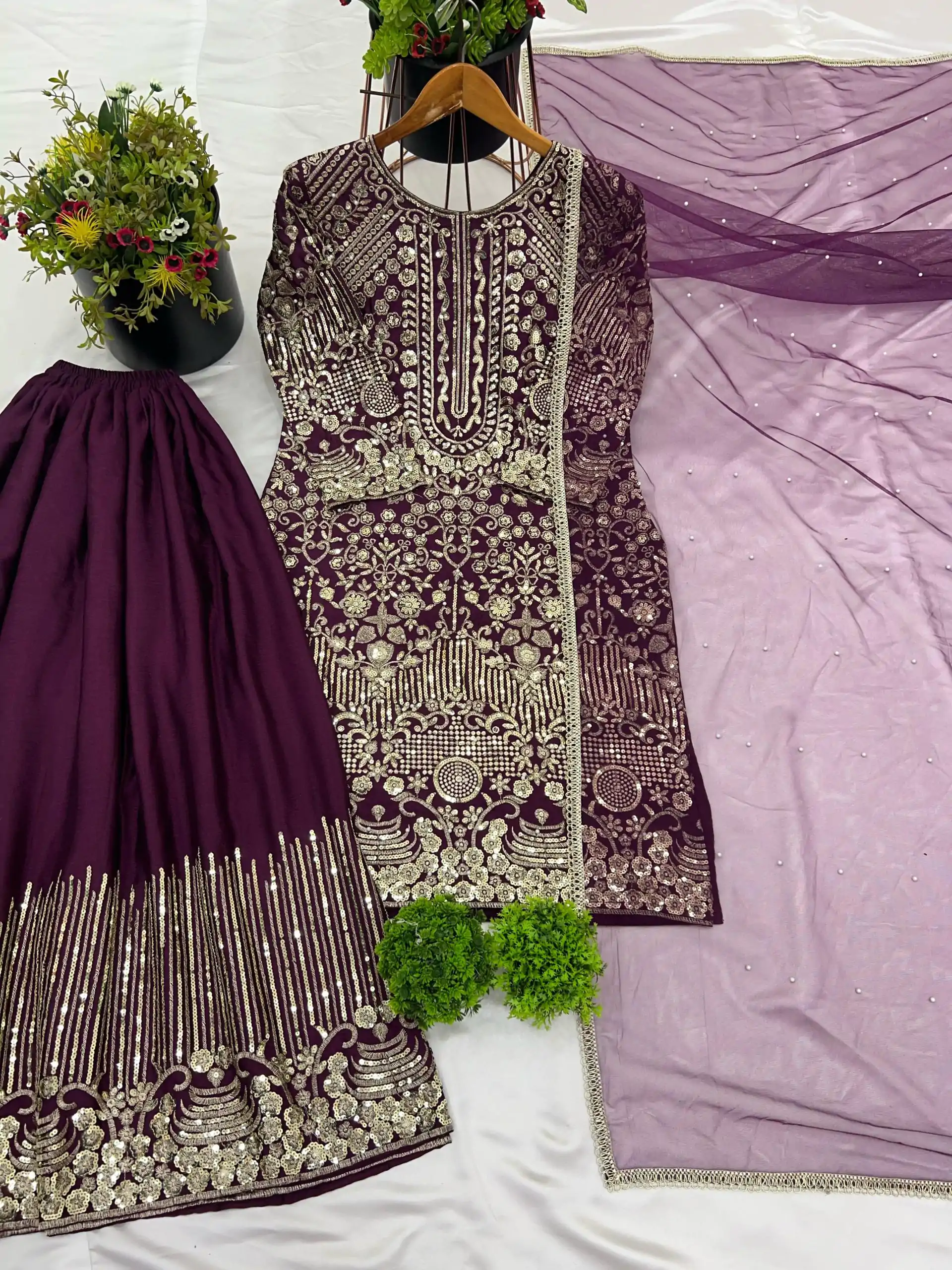 ZSR 3103 Wine Chinnon Silk 5mm Embroidery Sequence With Moti Work Salwar Suit Casual, Wedding, Party, Festive, Events Etc.4-6 Working Days@ 2099/-only | Casual Suits, Jump Suits, Creative suits, Designer Suits, Palazzo Suits, Party Wear Suits, Patiala Suits, Salwar suit, Straight Suits