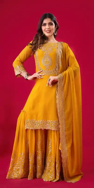 SRK-5242 Yellow Faux Georgette With Embroidery Sequence Thread Work Salwar Suit , Wedding, Party, Festive, Events Etc.4-6 Working Days@ 2099/-only | Casual Suits, Jump Suits, Creative suits, Designer Suits, Palazzo Suits, Party Wear Suits, Patiala Suits, Salwar suit, Straight Suits