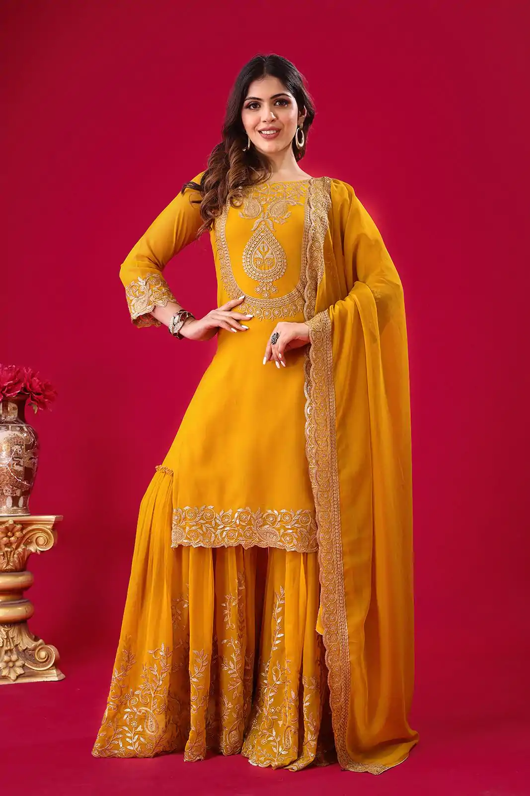 SRK-5242 Yellow Faux Georgette With Embroidery Sequence Thread Work Salwar Suit , Wedding, Party, Festive, Events Etc.4-6 Working Days@ 2099/-only | Casual Suits, Jump Suits, Creative suits, Designer Suits, Palazzo Suits, Party Wear Suits, Patiala Suits, Salwar suit, Straight Suits