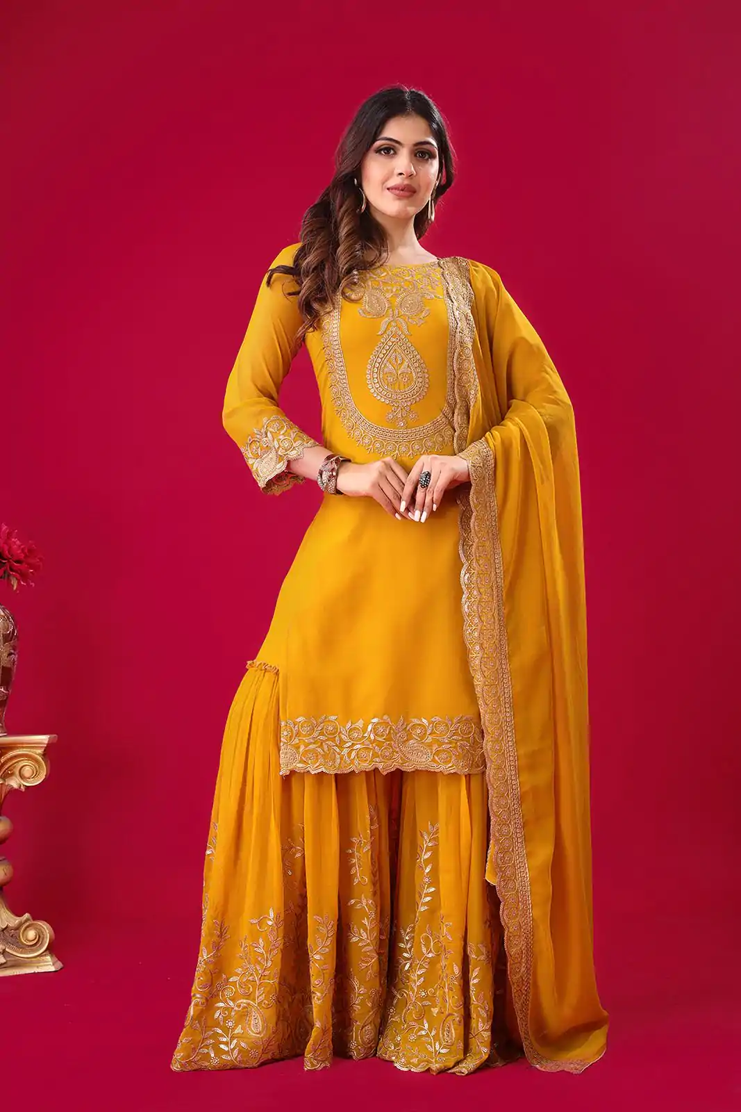 SRK-5242 Yellow Faux Georgette With Embroidery Sequence Thread Work Salwar Suit , Wedding, Party, Festive, Events Etc.4-6 Working Days@ 2099/-only | Casual Suits, Jump Suits, Creative suits, Designer Suits, Palazzo Suits, Party Wear Suits, Patiala Suits, Salwar suit, Straight Suits