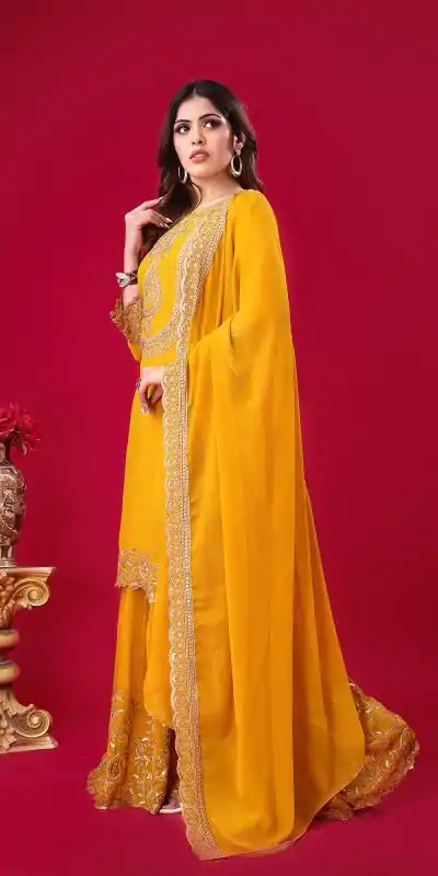 SRK-5242 Yellow Faux Georgette With Embroidery Sequence Thread Work Salwar Suit , Wedding, Party, Festive, Events Etc.4-6 Working Days@ 2099/-only | Casual Suits, Jump Suits, Creative suits, Designer Suits, Palazzo Suits, Party Wear Suits, Patiala Suits, Salwar suit, Straight Suits