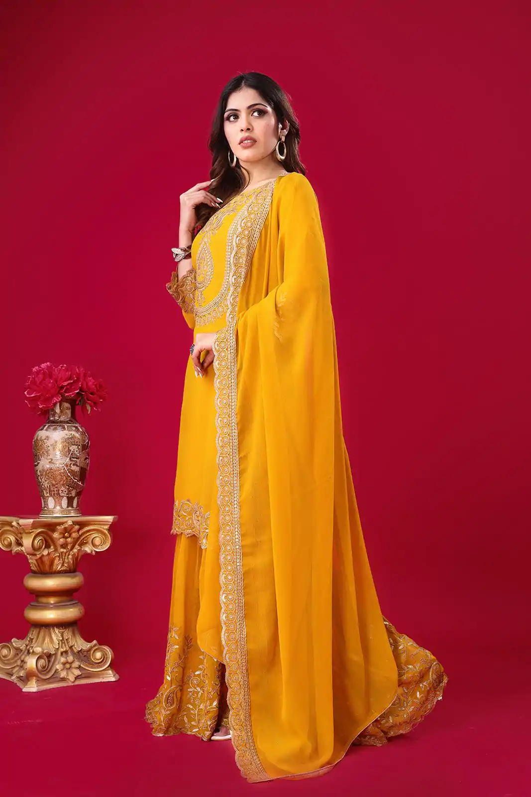 SRK-5242 Yellow Faux Georgette With Embroidery Sequence Thread Work Salwar Suit , Wedding, Party, Festive, Events Etc.4-6 Working Days@ 2099/-only | Casual Suits, Jump Suits, Creative suits, Designer Suits, Palazzo Suits, Party Wear Suits, Patiala Suits, Salwar suit, Straight Suits