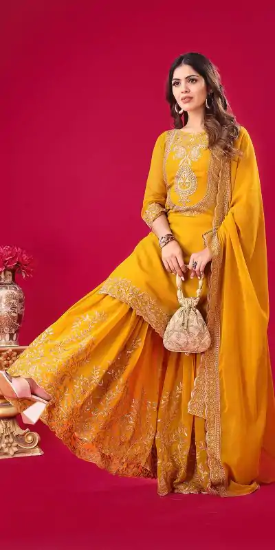 SRK-5242 Yellow Faux Georgette With Embroidery Sequence Thread Work Salwar Suit , Wedding, Party, Festive, Events Etc.4-6 Working Days@ 2099/-only | Casual Suits, Jump Suits, Creative suits, Designer Suits, Palazzo Suits, Party Wear Suits, Patiala Suits, Salwar suit, Straight Suits