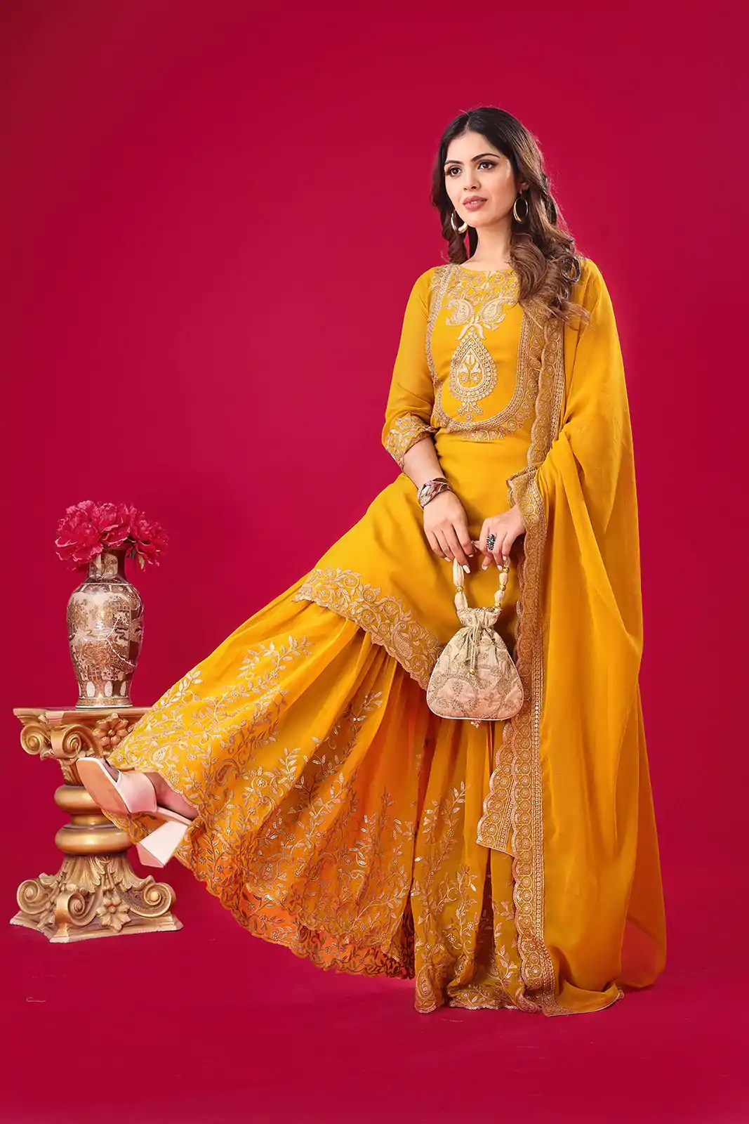 SRK-5242 Yellow Faux Georgette With Embroidery Sequence Thread Work Salwar Suit , Wedding, Party, Festive, Events Etc.4-6 Working Days@ 2099/-only | Casual Suits, Jump Suits, Creative suits, Designer Suits, Palazzo Suits, Party Wear Suits, Patiala Suits, Salwar suit, Straight Suits