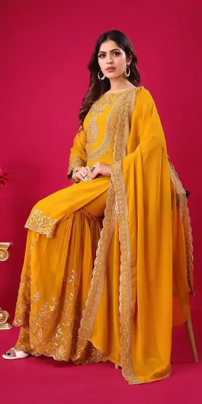 SRK-5242 Yellow Faux Georgette With Embroidery Sequence Thread Work Salwar Suit , Wedding, Party, Festive, Events Etc.4-6 Working Days@ 2099/-only | Casual Suits, Jump Suits, Creative suits, Designer Suits, Palazzo Suits, Party Wear Suits, Patiala Suits, Salwar suit, Straight Suits