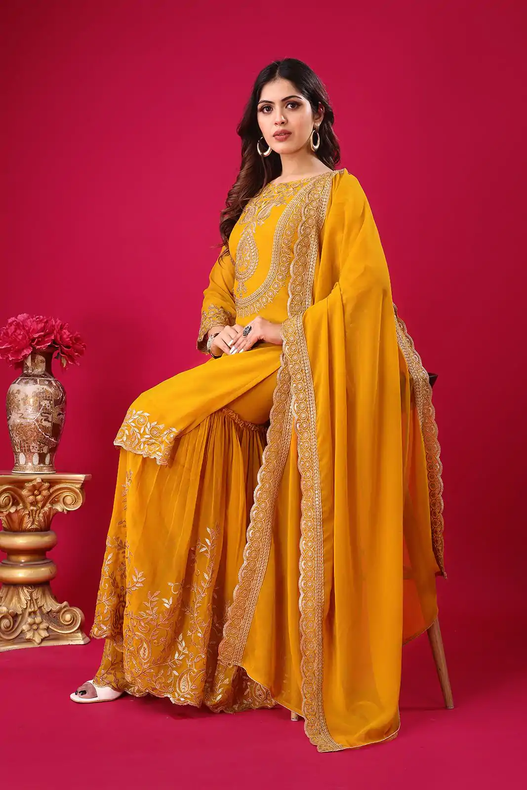 SRK-5242 Yellow Faux Georgette With Embroidery Sequence Thread Work Salwar Suit , Wedding, Party, Festive, Events Etc.4-6 Working Days@ 2099/-only | Casual Suits, Jump Suits, Creative suits, Designer Suits, Palazzo Suits, Party Wear Suits, Patiala Suits, Salwar suit, Straight Suits