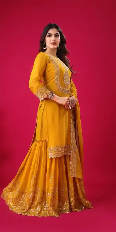 SRK-5242 Yellow Faux Georgette With Embroidery Sequence Thread Work Salwar Suit , Wedding, Party, Festive, Events Etc.4-6 Working Days@ 2099/-only | Casual Suits, Jump Suits, Creative suits, Designer Suits, Palazzo Suits, Party Wear Suits, Patiala Suits, Salwar suit, Straight Suits
