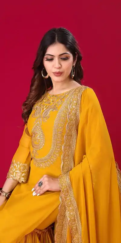 SRK-5242 Yellow Faux Georgette With Embroidery Sequence Thread Work Salwar Suit , Wedding, Party, Festive, Events Etc.4-6 Working Days@ 2099/-only | Casual Suits, Jump Suits, Creative suits, Designer Suits, Palazzo Suits, Party Wear Suits, Patiala Suits, Salwar suit, Straight Suits