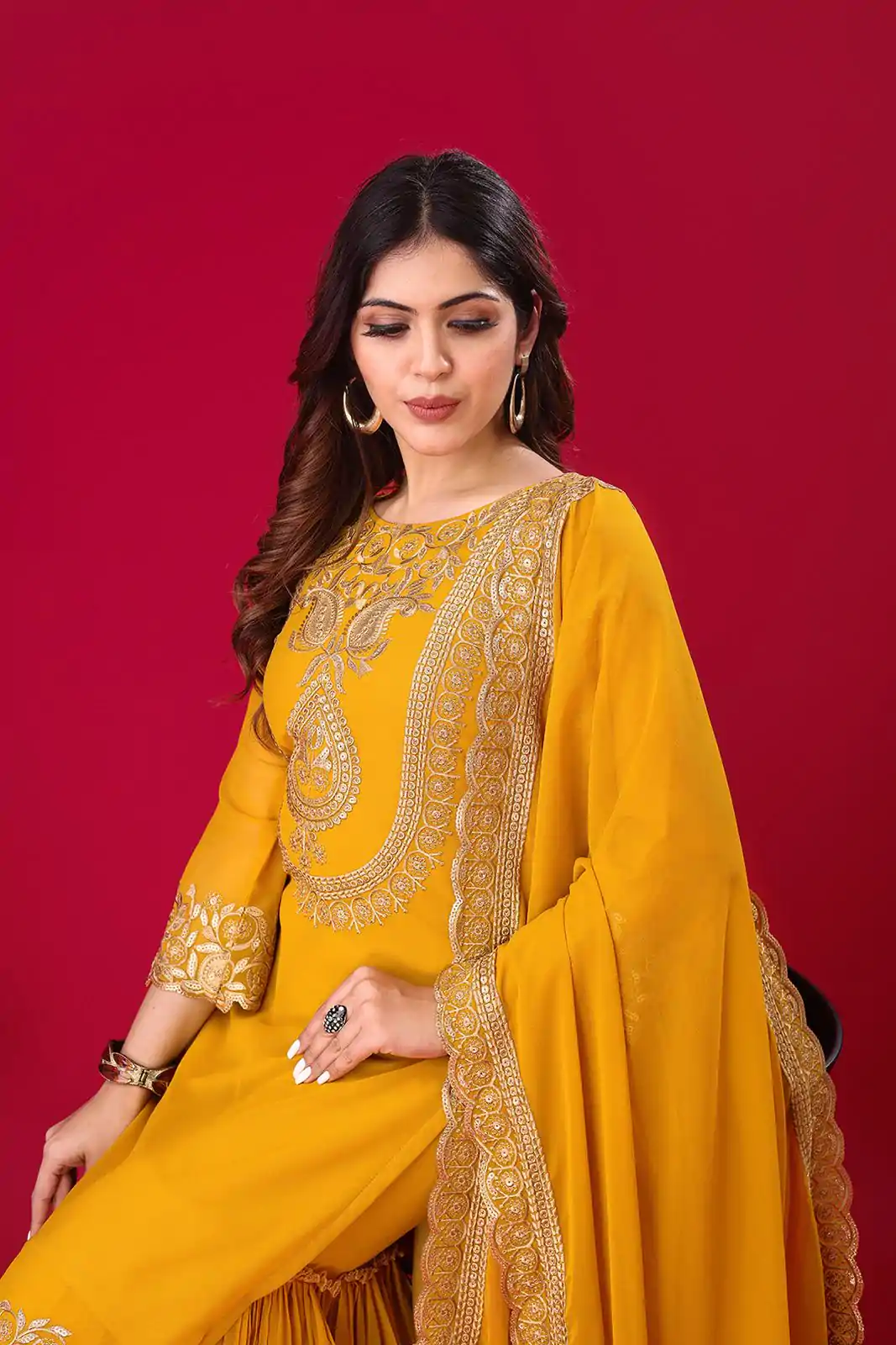 SRK-5242 Yellow Faux Georgette With Embroidery Sequence Thread Work Salwar Suit , Wedding, Party, Festive, Events Etc.4-6 Working Days@ 2099/-only | Casual Suits, Jump Suits, Creative suits, Designer Suits, Palazzo Suits, Party Wear Suits, Patiala Suits, Salwar suit, Straight Suits