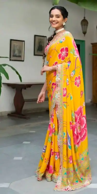 MS 472 Yellow color Chinon Printed Multicolored Embroidery Coding Sequins Lace Saree Wedding, Festive, Events . Expected Delivery  4-6 Working Days @1649/- | Embroidered Sarees, Bollywood Sarees, Creative Sarees, Designer Sarees, Ethnic Saree, Modern Digital sarees, Party Wear Sarees, Sarees