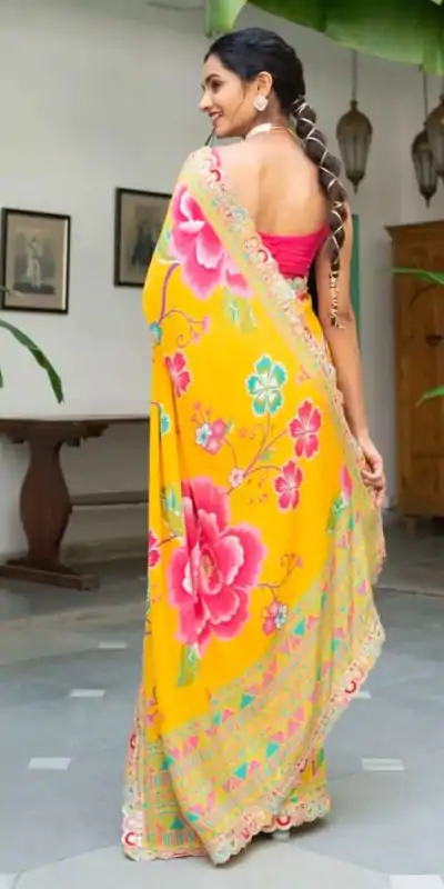 MS 472 Yellow color Chinon Printed Multicolored Embroidery Coding Sequins Lace Saree Wedding, Festive, Events . Expected Delivery  4-6 Working Days @1649/- | Embroidered Sarees, Bollywood Sarees, Creative Sarees, Designer Sarees, Ethnic Saree, Modern Digital sarees, Party Wear Sarees, Sarees