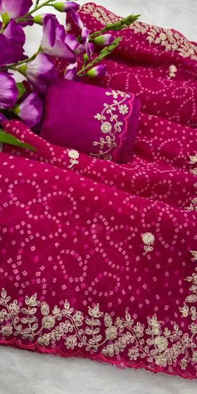 DS Bandhni Pink Color Georgette Bandhni Print With Sober Pita Work Embroidery Saree , Wedding, Festive, Events . Expected Delivery  4-6 Working Days @1849/-                                                                                                                                         | Embroidered Sarees, Bollywood Sarees, Creative Sarees, Designer Sarees, Ethnic Saree, Modern Digital sarees, Party Wear Sarees, Sarees