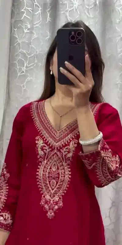 BE 318 Red Chinon With Embroidery Coding Dori Work Salwar Suit Casual, Wedding, Party, Festive, Events Etc.4-6 Working Days@ 1799/-only | Casual Suits, Jump Suits, Creative suits, Designer Suits, Palazzo Suits, Party Wear Suits, Patiala Suits, Salwar suit, Straight Suits