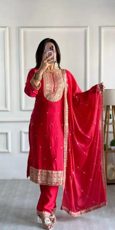VLM 254 Red Color Cosmo Silk With Heavy Embroidery Sequence Work Salwar Suit Casual, Wedding, Party, Festive, Events Etc.4-6 Working Days@ 2099/-only | Casual Suits, Jump Suits, Creative suits, Designer Suits, Palazzo Suits, Party Wear Suits, Patiala Suits, Salwar suit, Straight Suits