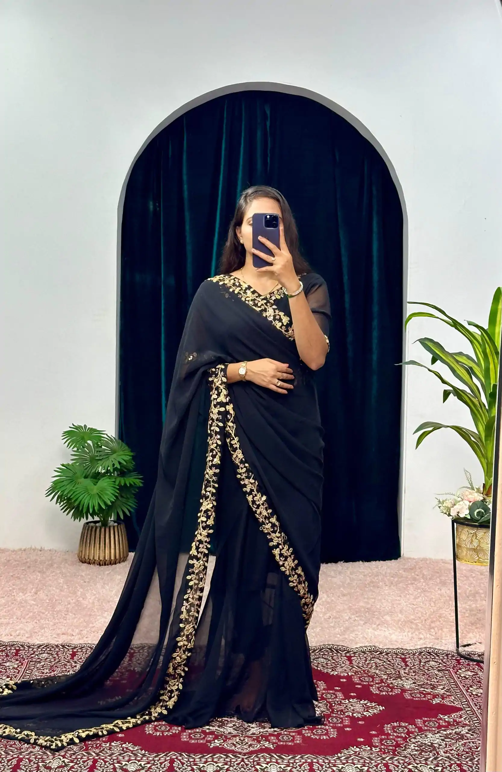  ST 1055 Black Color Faux Georgette Embroidery Work Border Stitched Saree-Gown Wedding Party, Festive, Events Etc.4-6 Working Days@1799/- only | Bollywood Gowns, Creative Gowns, Designer Gowns, Embroidered Gowns, Gowns, Party Wear Gowns, Straight Suits