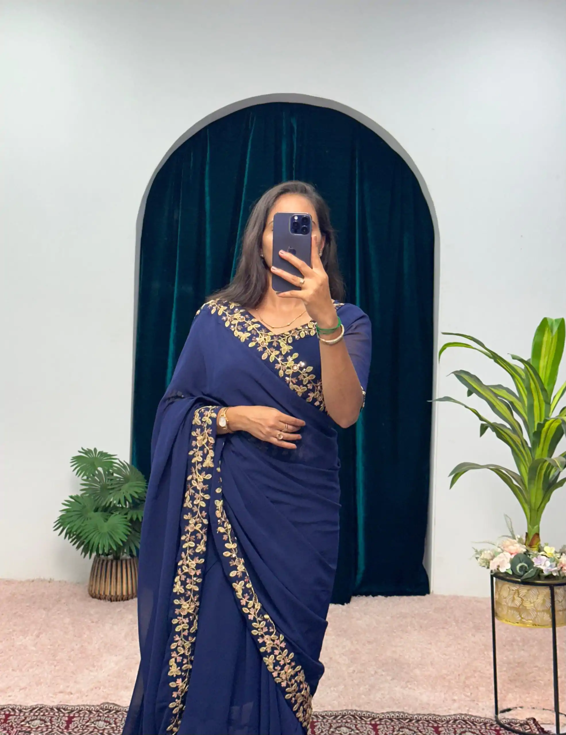  ST 1055 Navy Blue Color Faux Georgette Embroidery Work Border Stitched Saree-Gown Wedding Party, Festive, Events Etc.4-6 Working Days@1799/- only | Bollywood Gowns, Creative Gowns, Designer Gowns, Embroidered Gowns, Gowns, Party Wear Gowns, Straight Suits