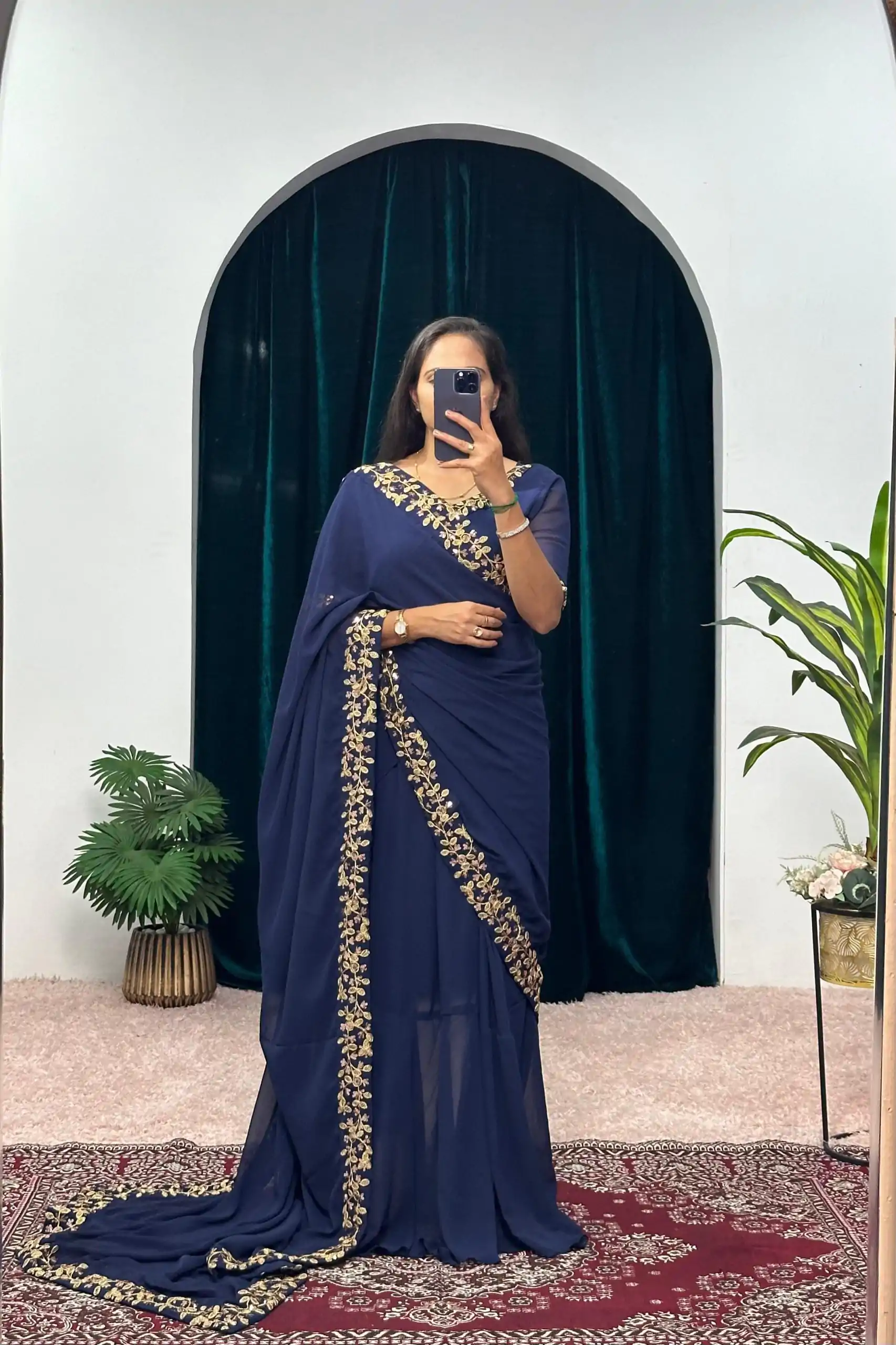 ST 1055 Navy Blue Color Faux Georgette Embroidery Work Border Stitched Saree-Gown Wedding Party, Festive, Events Etc.4-6 Working Days@1799/- only | Bollywood Gowns, Creative Gowns, Designer Gowns, Embroidered Gowns, Gowns, Party Wear Gowns, Straight Suits