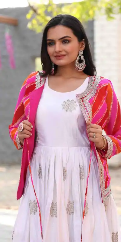 Ram 090 White Color Chinon Cording 3mm Sequence Embroidery Work Anarkali Gown Wedding Party, Festive, Events Etc.4-6 Working Days@1949/- only | Bollywood Gowns, Creative Gowns, Designer Gowns, Embroidered Gowns, Gowns, Party Wear Gowns, Straight Suits