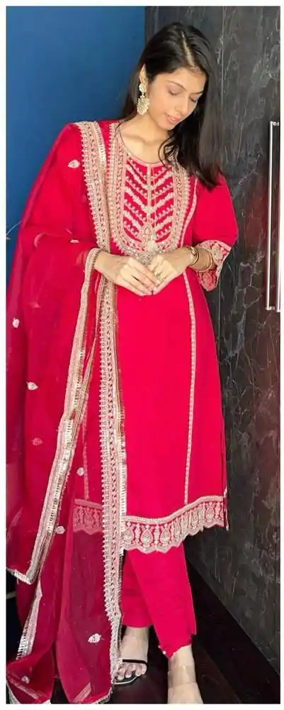  LG 1921 Red Chinnon Cording Sequences Embroidery Work Salwar Suit Casual, Wedding, Party, Festive, Events Etc.4-6 Working Days@ 2099/-only | Casual Suits, Jump Suits, Creative suits, Designer Suits, Palazzo Suits, Party Wear Suits, Patiala Suits, Salwar suit, Straight Suits