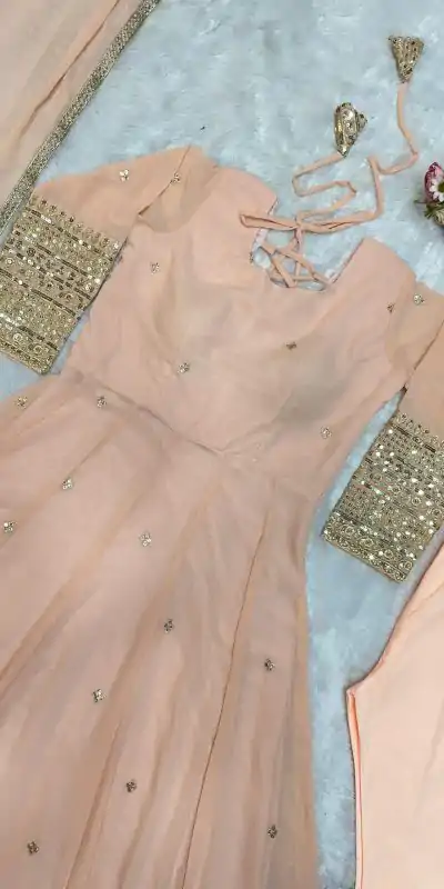 VLM 258 Cream Color Fox Georgette With Embroidery Work Anarkali Gown Wedding Party, Festive, Events Etc.4-6 Working Days@2149/- only | Bollywood Gowns, Creative Gowns, Designer Gowns, Embroidered Gowns, Gowns, Party Wear Gowns, Straight Suits