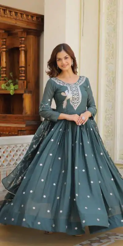 Ram 081 Grey Star Georgette Sequence Embroidery Work Anarkali Gown Wedding Party, Festive, Events Etc.4-6 Working Days@2149/- only | Bollywood Gowns, Creative Gowns, Designer Gowns, Embroidered Gowns, Gowns, Party Wear Gowns, Straight Suits