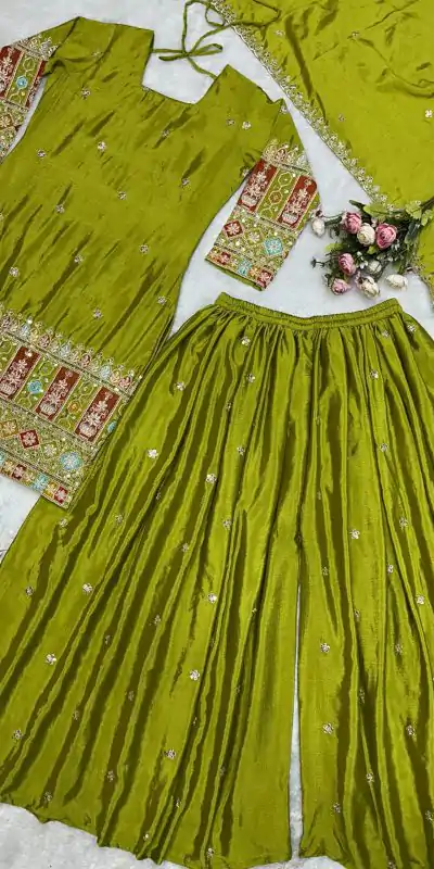 VLM 242 Light Green Chinnon Silk Embroidery Work Salwar Suit Casual, Wedding, Party, Festive, Events Etc.4-6 Working Days@ 2099/-only | Casual Suits, Jump Suits, Creative suits, Designer Suits, Palazzo Suits, Party Wear Suits, Patiala Suits, Salwar suit, Straight Suits