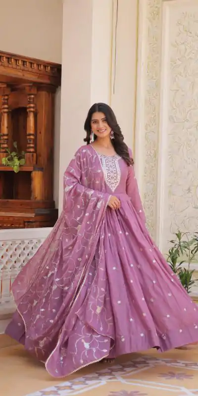 Ram 081 Light Purple Star Georgette Sequence Embroidery Work Anarkali Gown Wedding Party, Festive, Events Etc.4-6 Working Days@2149/- only | Bollywood Gowns, Creative Gowns, Designer Gowns, Embroidered Gowns, Gowns, Party Wear Gowns, Straight Suits