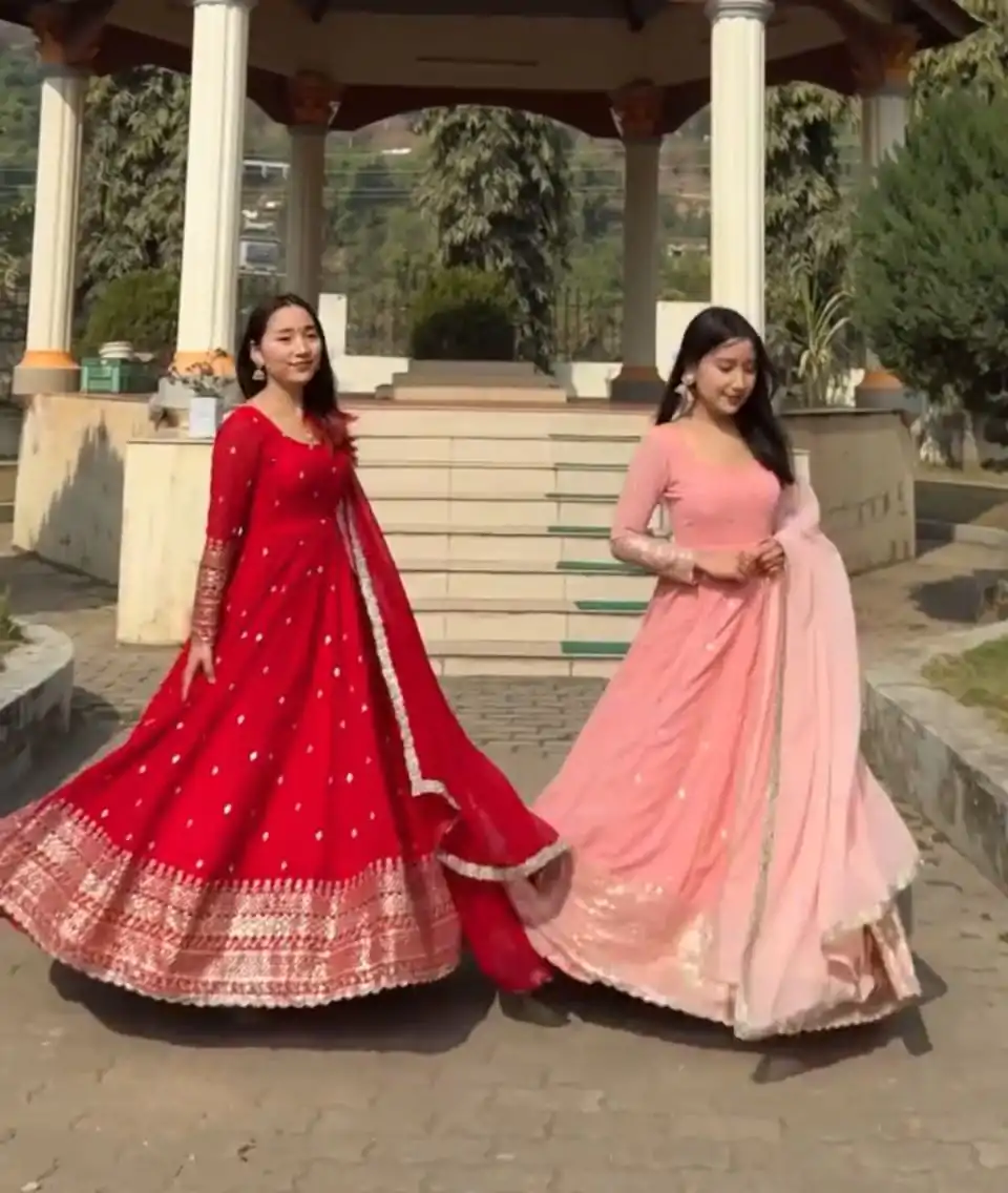 VLM 258 Red Color Fox Georgette With Embroidery Work Anarkali Gown Wedding Party, Festive, Events Etc.4-6 Working Days@2149/- only | Bollywood Gowns, Creative Gowns, Designer Gowns, Embroidered Gowns, Gowns, Party Wear Gowns, Straight Suits