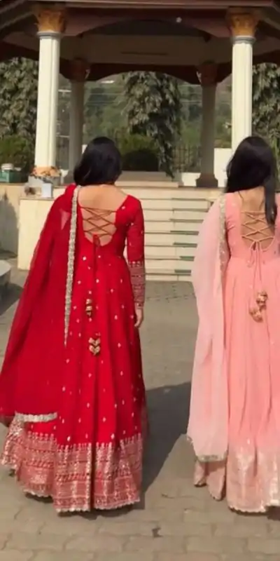 VLM 258 Red Color Fox Georgette With Embroidery Work Anarkali Gown Wedding Party, Festive, Events Etc.4-6 Working Days@2149/- only | Bollywood Gowns, Creative Gowns, Designer Gowns, Embroidered Gowns, Gowns, Party Wear Gowns, Straight Suits