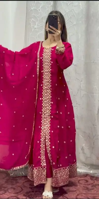 DC G84 Red Pure chinon With Embroidery Work With kali Salwar Suit Casual, Wedding, Party, Festive, Events Etc.4-6 Working Days@ 1899/-only | Casual Suits, Jump Suits, Creative suits, Designer Suits, Palazzo Suits, Party Wear Suits, Patiala Suits, Salwar suit, Straight Suits