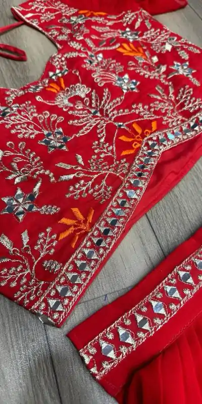 PC 333 Red Color Fox Georgette Embroidery Thread Work With Hand Pasting Mirror Lehenga Choli Wedding, Party, Festive, Events Delivery 4-6 Working Days @2129 | Creative Lehenga, Bollywood Lehenga, Designer Lehenga, Embroidered Lehenga, Lehenga, Party Wear Lehenga