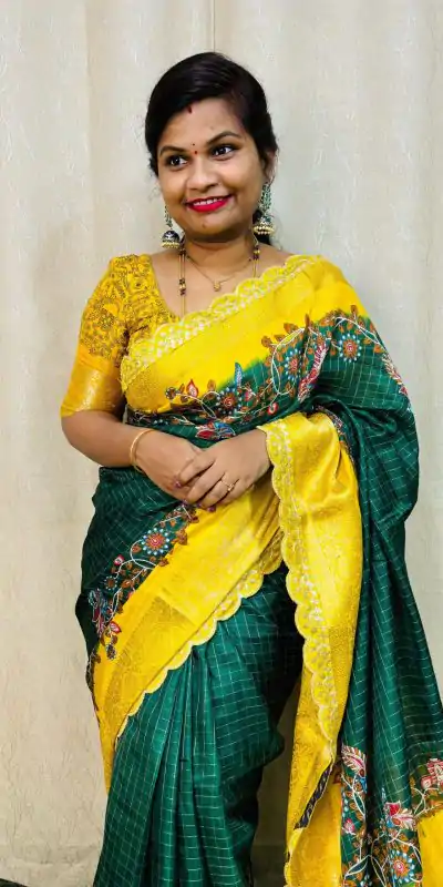 MS 473 Green Color dola mangalagiri checks All Over Kalamkari Floral Print Saree , Wedding, Festive, Events . Expected Delivery  4-6 Working Days @1699/- | Embroidered Sarees, Bollywood Sarees, Creative Sarees, Designer Sarees, Ethnic Saree, Modern Digital sarees, Party Wear Sarees, Sarees