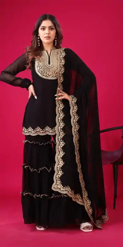 SRK 5236 Black Color Faux Georgette With Embroidery Sequence Work Salwar Suit , Wedding, Party, Festive, Events Etc.4-6 Working Days@ 2099/-only | Casual Suits, Jump Suits, Creative suits, Designer Suits, Palazzo Suits, Party Wear Suits, Patiala Suits, Salwar suit, Straight Suits