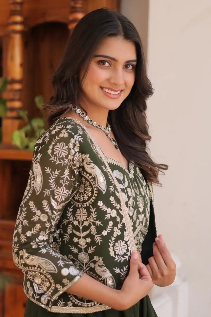 Ram 069 Mehandi Color Fox Georgette Embroidery Lace Work Anarkali Gown Wedding Party, Festive, Events Etc.4-6 Working Days@2049/- only | Bollywood Gowns, Creative Gowns, Designer Gowns, Embroidered Gowns, Gowns, Party Wear Gowns, Straight Suits