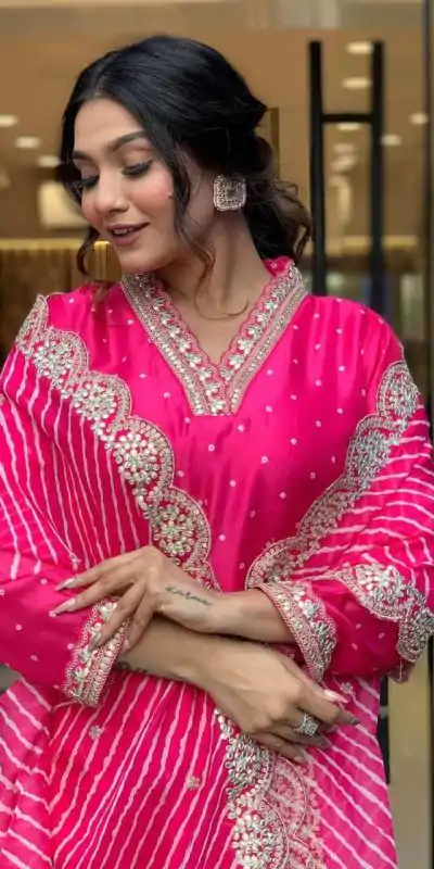 MF 746 Pink Color Chinon Silk Wide Digital Print Coding Work Lace Salwar Suit Casual, Wedding, Party, Festive, Events Etc.4-6 Working Days@ 1699/-only | Casual Suits, Jump Suits, Creative suits, Designer Suits, Palazzo Suits, Party Wear Suits, Patiala Suits, Salwar suit, Straight Suits