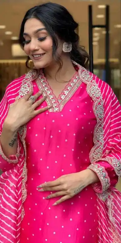 MF 746 Pink Color Chinon Silk Wide Digital Print Coding Work Lace Salwar Suit Casual, Wedding, Party, Festive, Events Etc.4-6 Working Days@ 1699/-only | Casual Suits, Jump Suits, Creative suits, Designer Suits, Palazzo Suits, Party Wear Suits, Patiala Suits, Salwar suit, Straight Suits