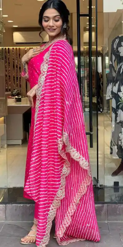 MF 746 Pink Color Chinon Silk Wide Digital Print Coding Work Lace Salwar Suit Casual, Wedding, Party, Festive, Events Etc.4-6 Working Days@ 1699/-only | Casual Suits, Jump Suits, Creative suits, Designer Suits, Palazzo Suits, Party Wear Suits, Patiala Suits, Salwar suit, Straight Suits