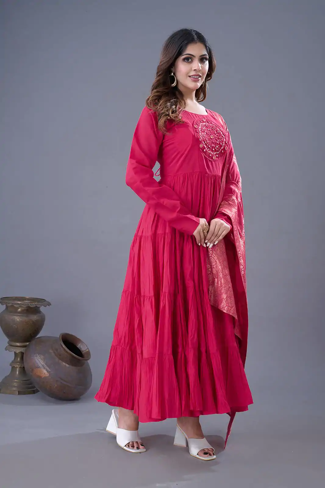 ZSR 3107 Pink Color Roman Silk With Embroidery Sequence Work Anarkali Gown Wedding Party, Festive, Events Etc.4-6 Working Days@1999/- only | Bollywood Gowns, Creative Gowns, Designer Gowns, Embroidered Gowns, Gowns, Party Wear Gowns, Straight Suits