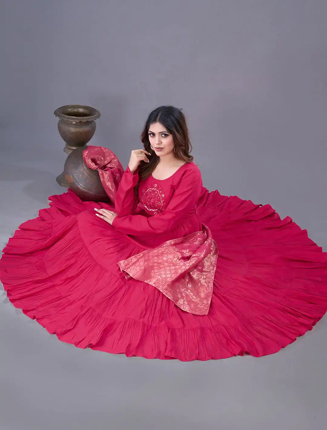 ZSR 3107 Pink Color Roman Silk With Embroidery Sequence Work Anarkali Gown Wedding Party, Festive, Events Etc.4-6 Working Days@1999/- only | Bollywood Gowns, Creative Gowns, Designer Gowns, Embroidered Gowns, Gowns, Party Wear Gowns, Straight Suits