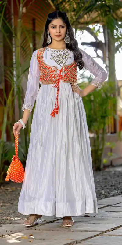 Ram 084 White Color Chinon Laheriya Print Gotta Patti Cording Work Anarkali Gown Wedding Party, Festive, Events Etc.4-6 Working Days@1949/- only | Bollywood Gowns, Creative Gowns, Designer Gowns, Embroidered Gowns, Gowns, Party Wear Gowns, Straight Suits