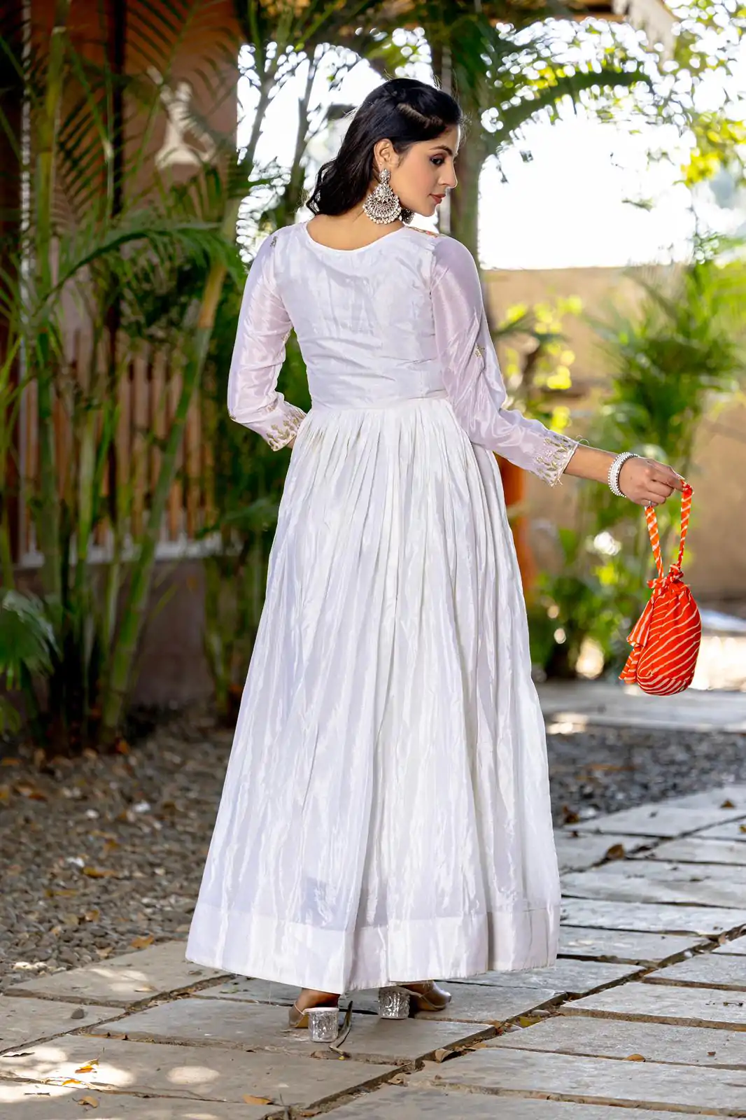 Ram 084 White Color Chinon Laheriya Print Gotta Patti Cording Work Anarkali Gown Wedding Party, Festive, Events Etc.4-6 Working Days@1949/- only | Bollywood Gowns, Creative Gowns, Designer Gowns, Embroidered Gowns, Gowns, Party Wear Gowns, Straight Suits