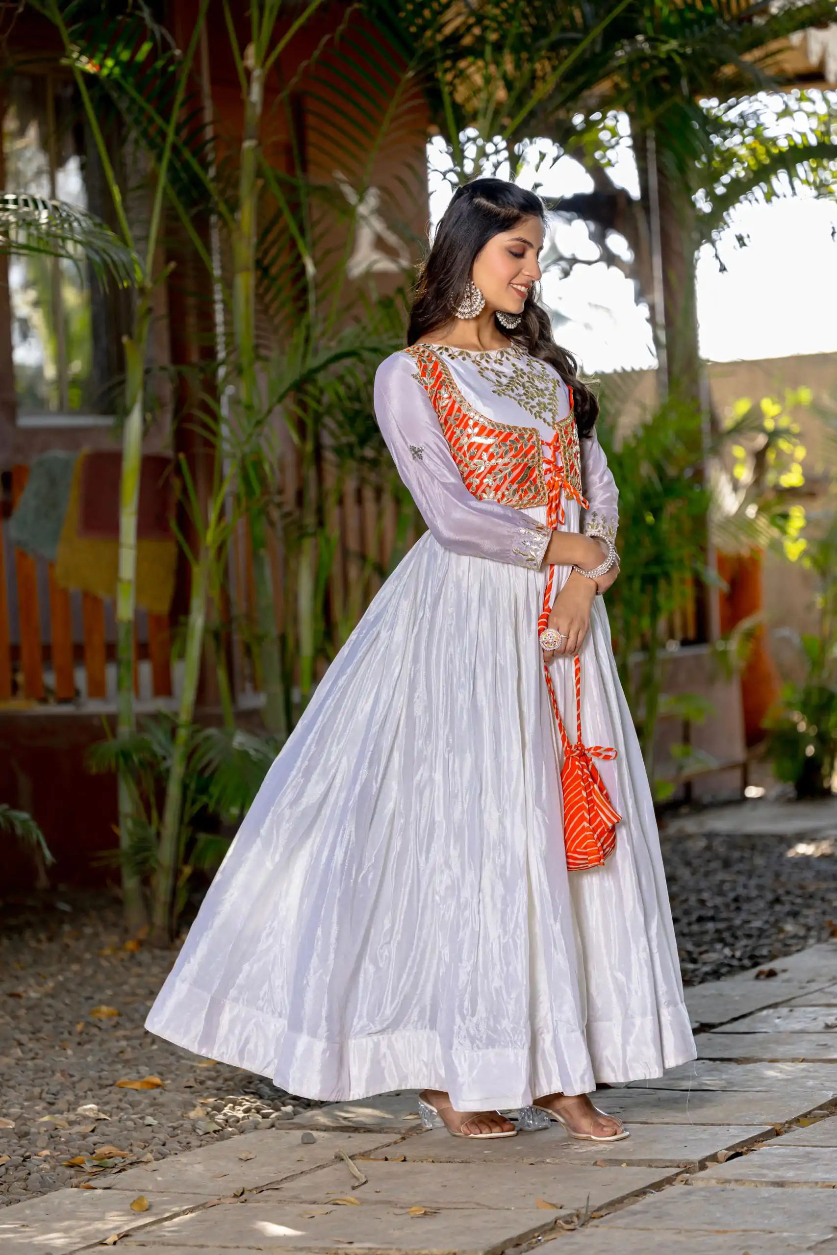 Ram 084 White Color Chinon Laheriya Print Gotta Patti Cording Work Anarkali Gown Wedding Party, Festive, Events Etc.4-6 Working Days@1949/- only | Bollywood Gowns, Creative Gowns, Designer Gowns, Embroidered Gowns, Gowns, Party Wear Gowns, Straight Suits