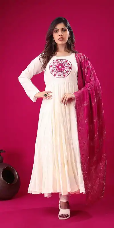 ZSR 3107 White Color Roman Silk With Embroidery Sequence Work Anarkali Gown Wedding Party, Festive, Events Etc.4-6 Working Days@1999/- only | Bollywood Gowns, Creative Gowns, Designer Gowns, Embroidered Gowns, Gowns, Party Wear Gowns, Straight Suits