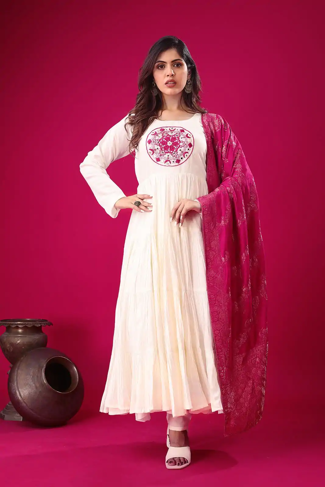 ZSR 3107 White Color Roman Silk With Embroidery Sequence Work Anarkali Gown Wedding Party, Festive, Events Etc.4-6 Working Days@1999/- only | Bollywood Gowns, Creative Gowns, Designer Gowns, Embroidered Gowns, Gowns, Party Wear Gowns, Straight Suits