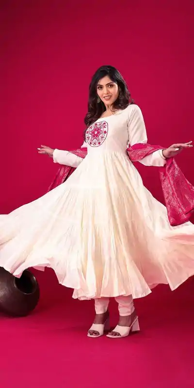 ZSR 3107 White Color Roman Silk With Embroidery Sequence Work Anarkali Gown Wedding Party, Festive, Events Etc.4-6 Working Days@1999/- only | Bollywood Gowns, Creative Gowns, Designer Gowns, Embroidered Gowns, Gowns, Party Wear Gowns, Straight Suits