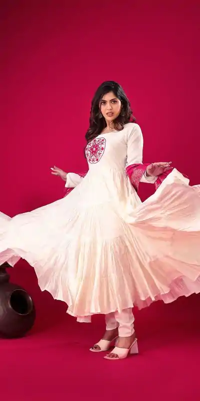 ZSR 3107 White Color Roman Silk With Embroidery Sequence Work Anarkali Gown Wedding Party, Festive, Events Etc.4-6 Working Days@1999/- only | Bollywood Gowns, Creative Gowns, Designer Gowns, Embroidered Gowns, Gowns, Party Wear Gowns, Straight Suits