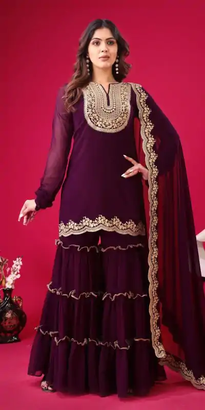 SRK 5236 Wine Color Faux Georgette With Embroidery Sequence Work Salwar Suit , Wedding, Party, Festive, Events Etc.4-6 Working Days@ 2399/-only | Casual Suits, Jump Suits, Creative suits, Designer Suits, Palazzo Suits, Party Wear Suits, Patiala Suits, Salwar suit, Straight Suits